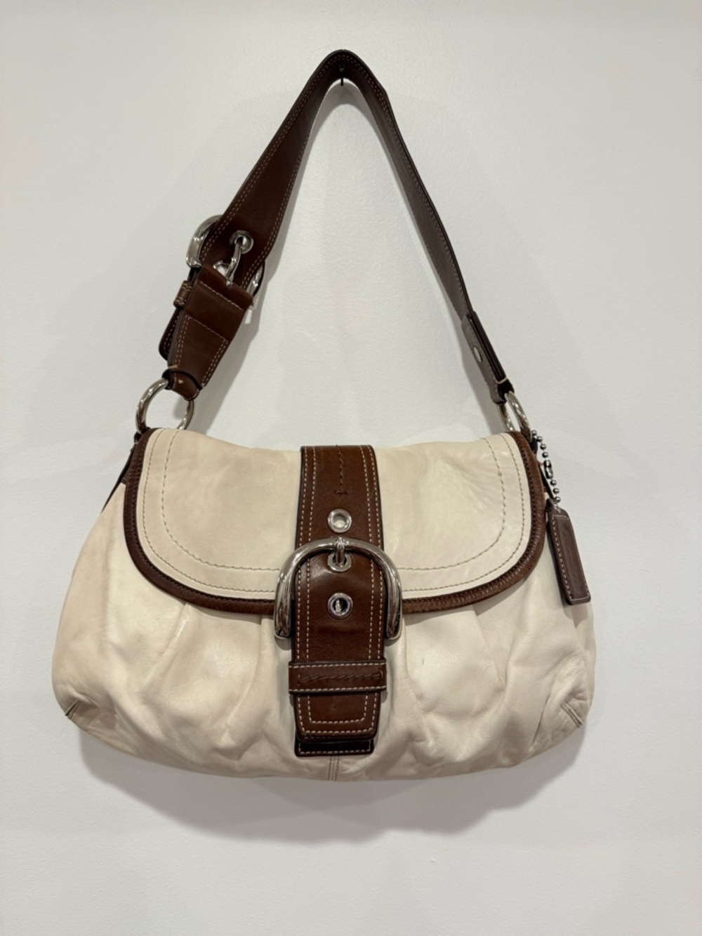 Vintage Coach SoHo Cream and Brown Leather Shoulder Bag